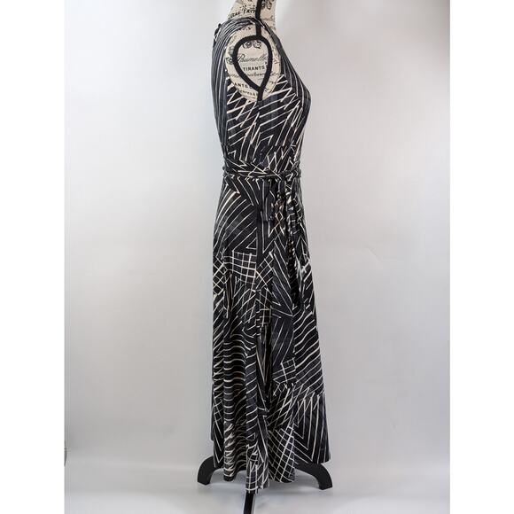 Ralph Lauren Women's Sz 4 Dress Midi Tie Belt Black Slate Cream Print Below Knee - Picture 2 of 8